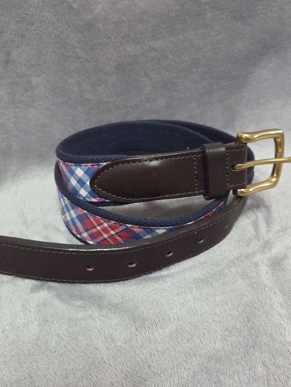 Vineyard Vines Plaid Canvas Club Belt Size 36 Navy Blue Leather Brass
